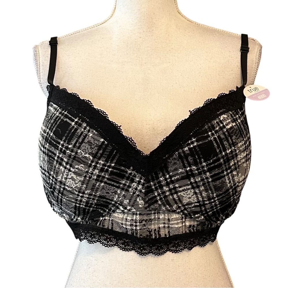 NWT Rue 21 True by Rue Push Up Bralette‎ Women’s SZ 40DD Black White Plaid